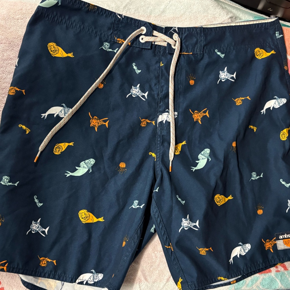 Men's Navy Swim Shorts with Multicolor Sea Creature Print